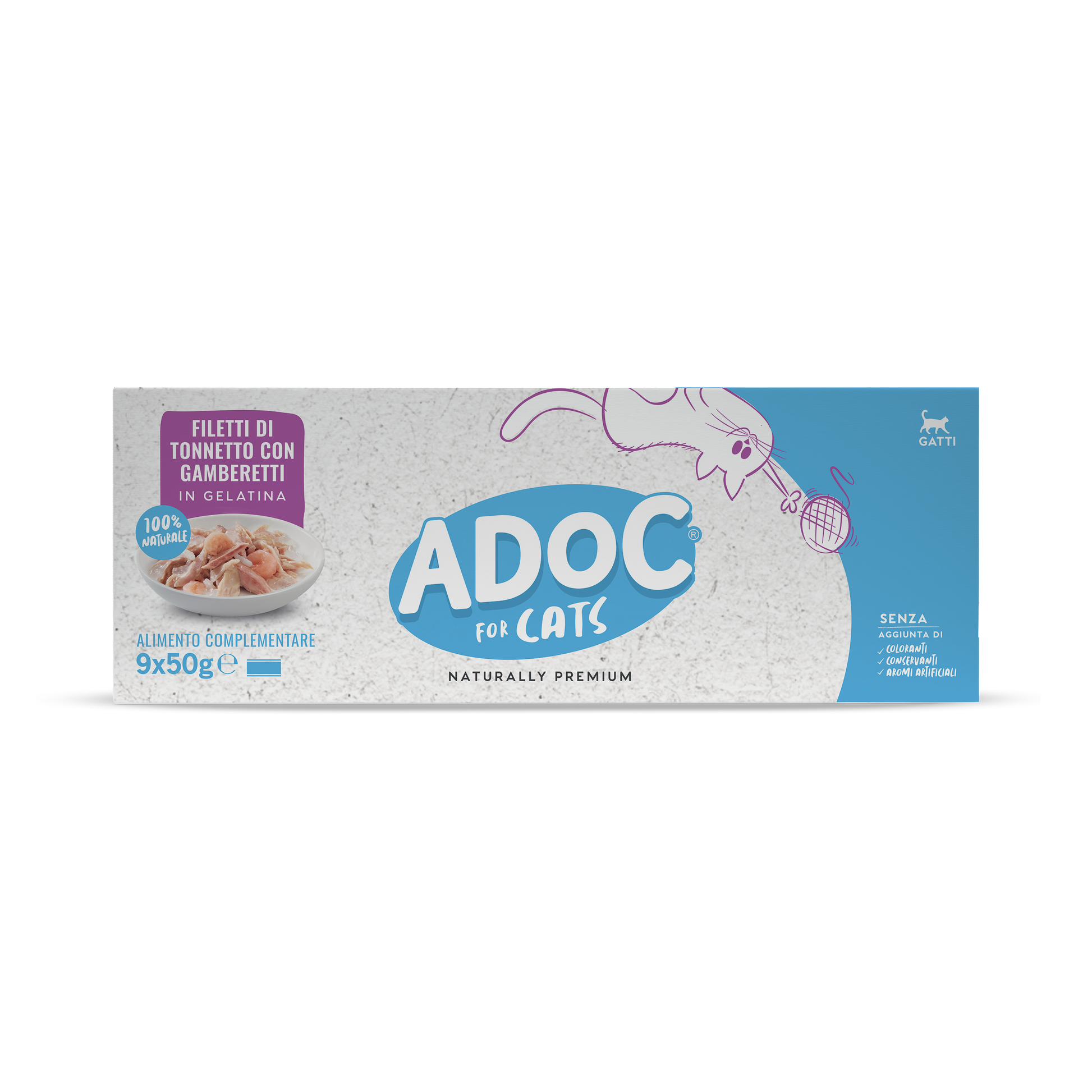 Confezione ADOC Multipack filetti di tonnetto con gamberetti 9 x 50 g per gatti