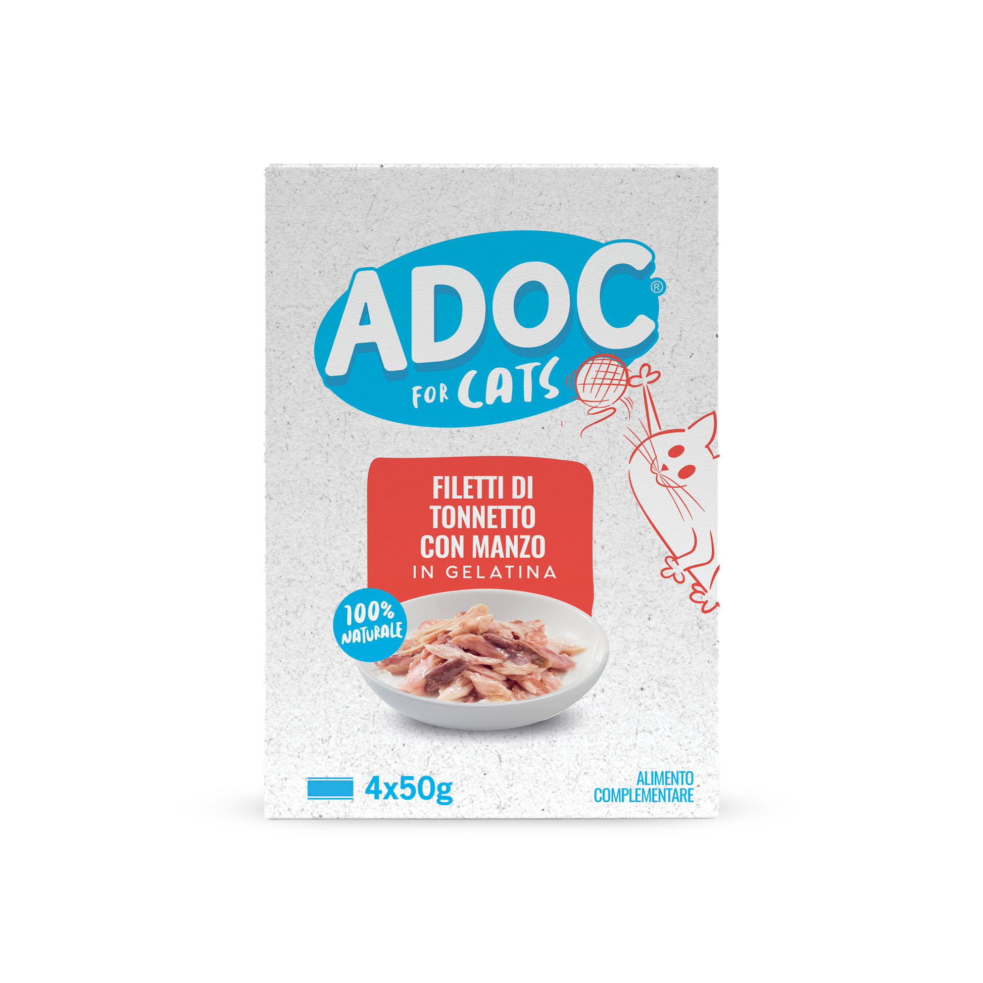 Confezione ADOC Multipack filetti di tonnetto con manzo 4 x 50 g per gatti
