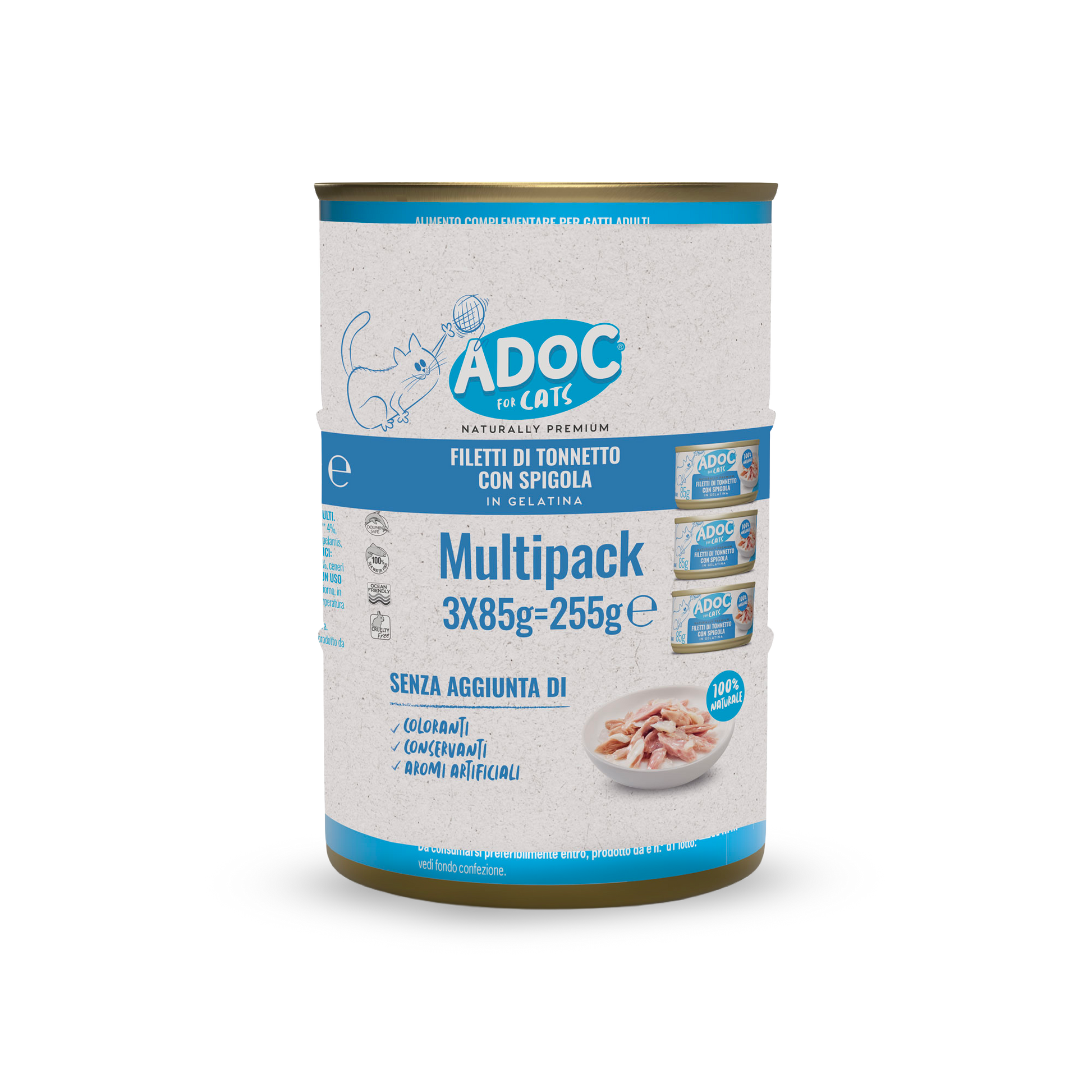 Confezione ADOC Multipack filetti di tonnetto con spigola 3 x 85 g per gatti