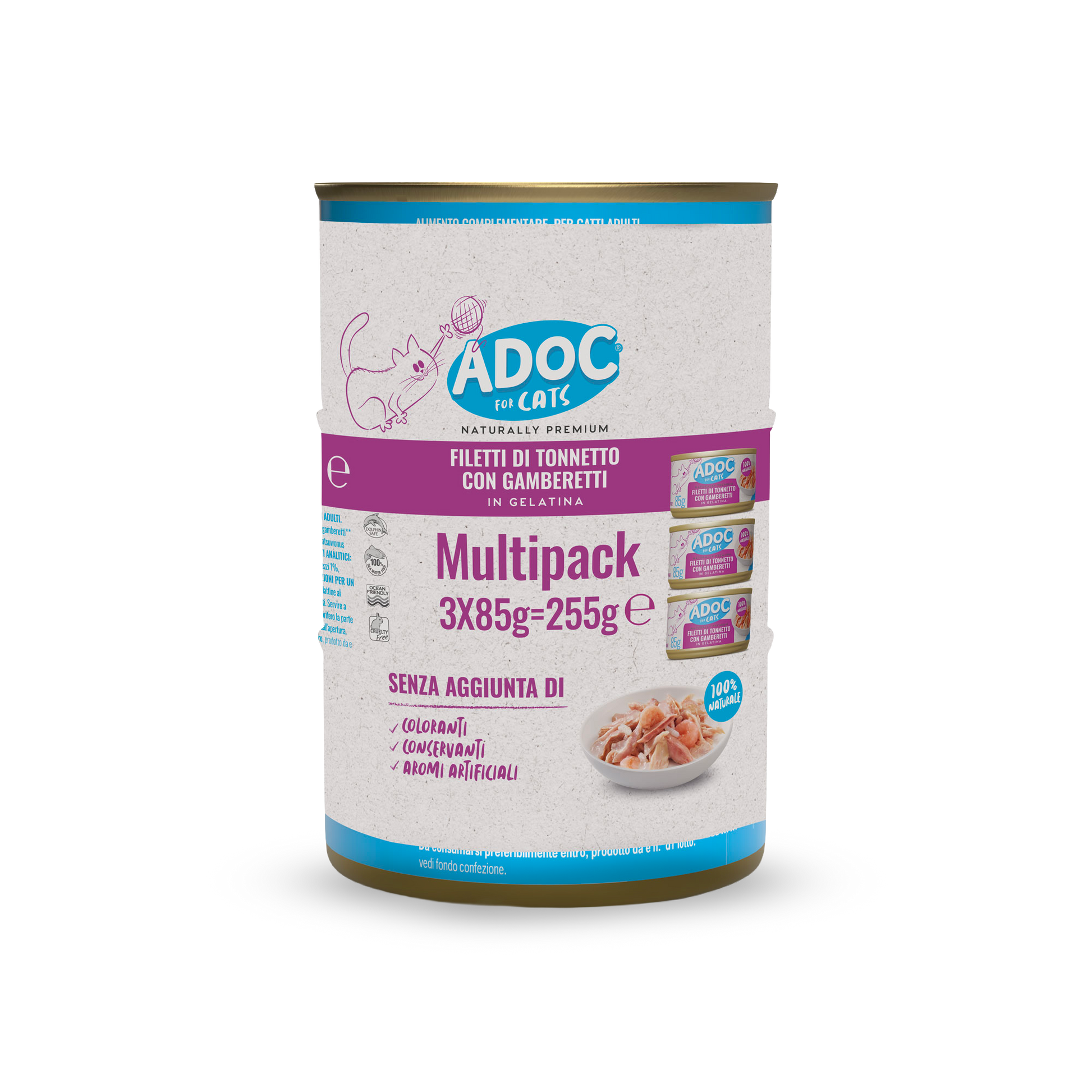 Confezione ADOC Multipack filetti di tonnetto con gamberetti 3 x 85 g per gatti