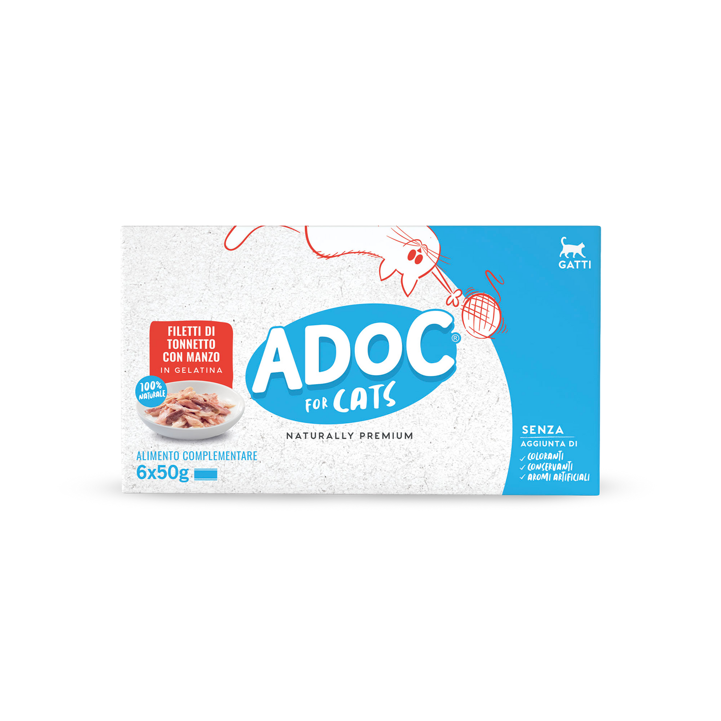 Confezione ADOC Multipack filetti di tonnetto con manzo 6 x 50 g per gatti