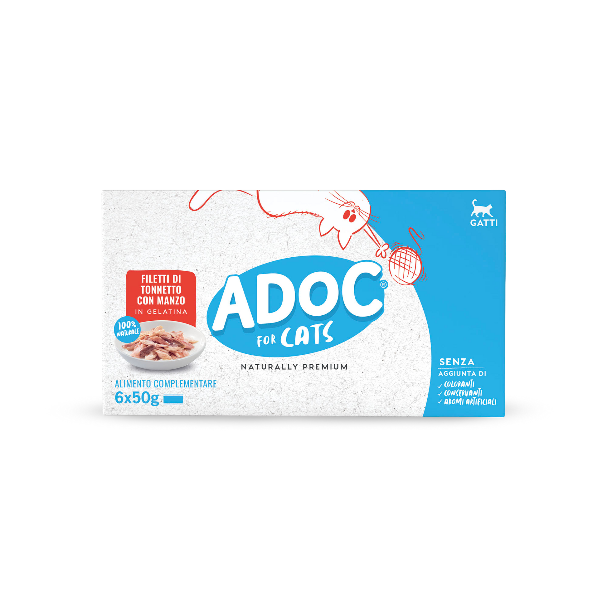 Confezione ADOC Multipack filetti di tonnetto con manzo 6 x 50 g per gatti