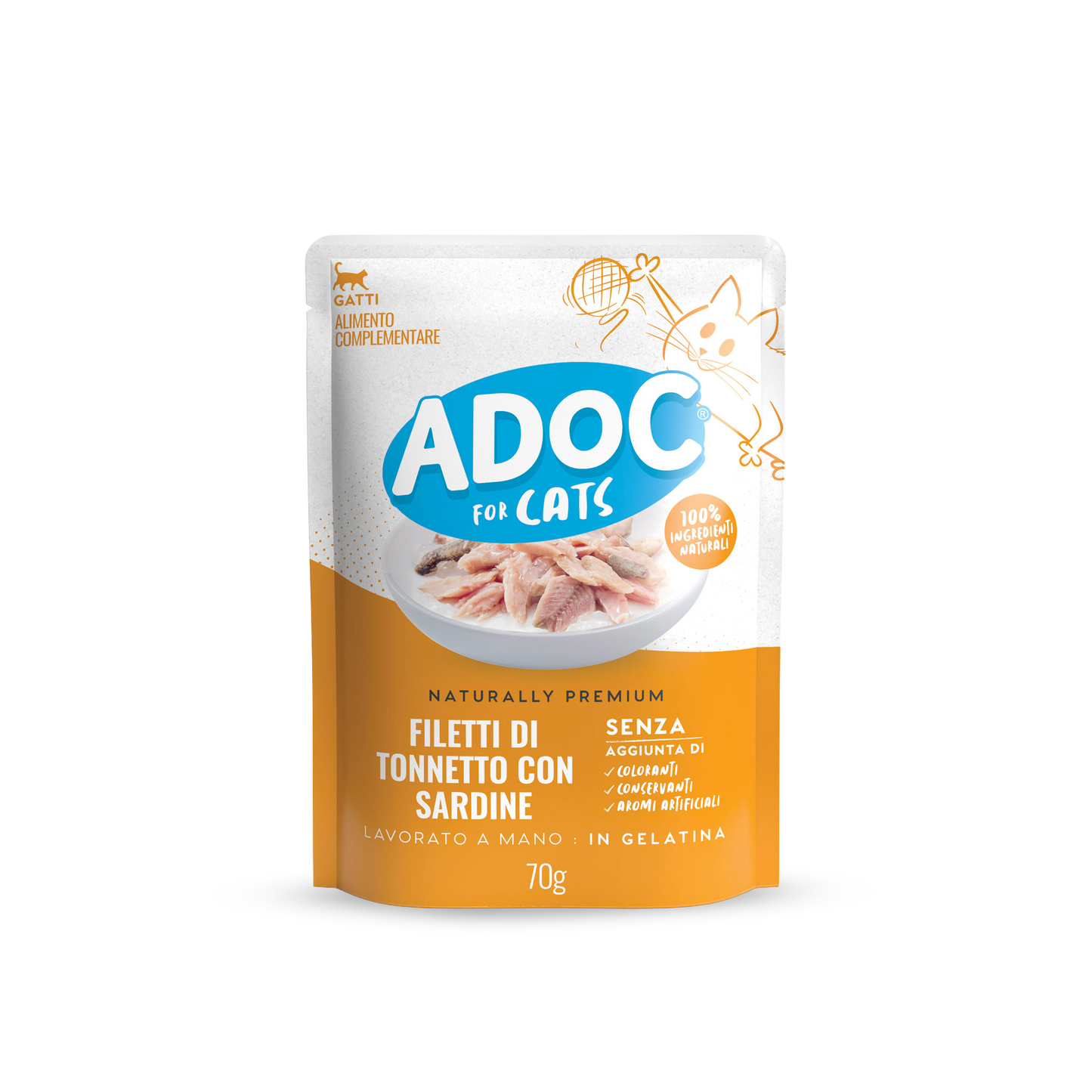 Confezione ADOC Filetti di tonnetto con sardine 70 g per gatti