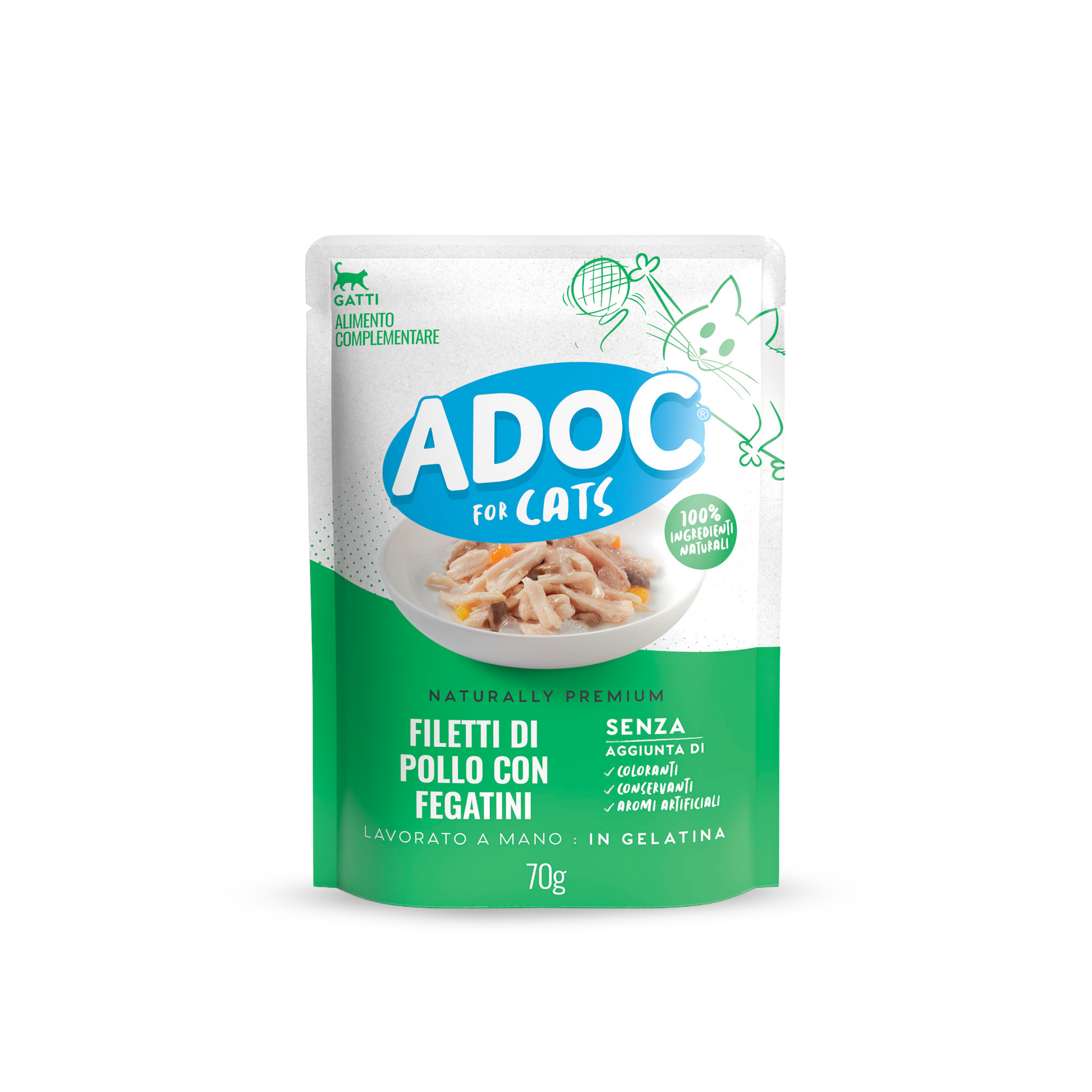 Confezione ADOC Filetti di pollo con fegatini 70 g per gatti