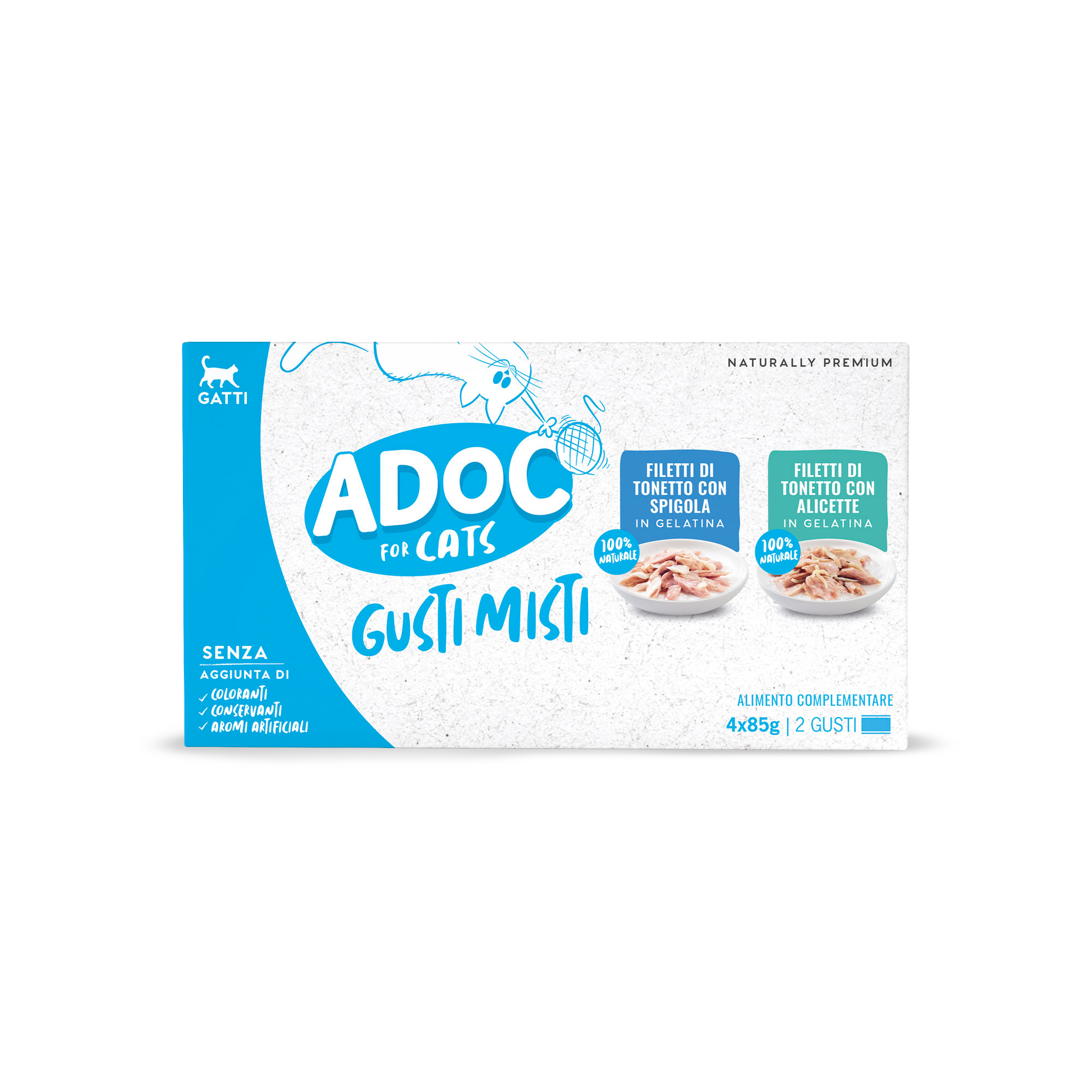 Confezione ADOC Multipack tonnetto con spigola e alicette 4 x 85 g per gatti