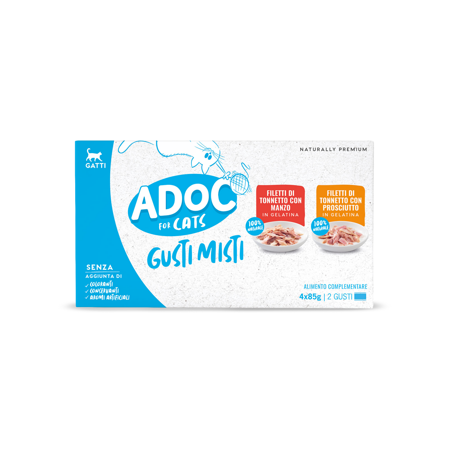 Confezione ADOC Multipack tonnetto con manzo e prosciutto 4 x 85 g per gatti